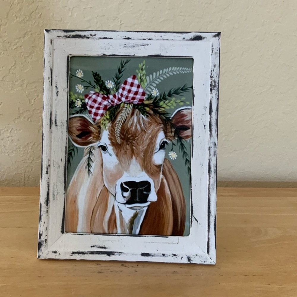 Farmhouse Christmas cow and flowers picture 5x7 w/frame
